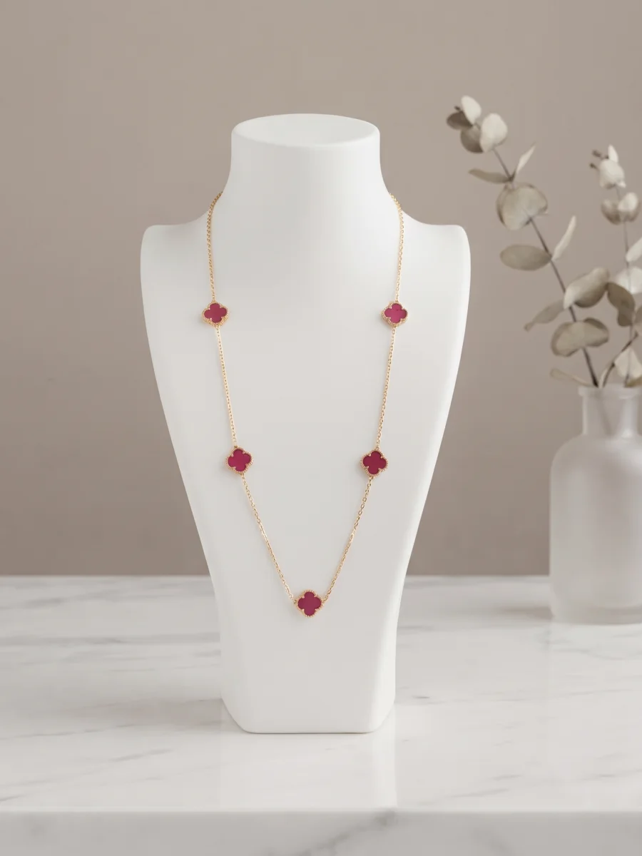 Collier trèfles framboise doré